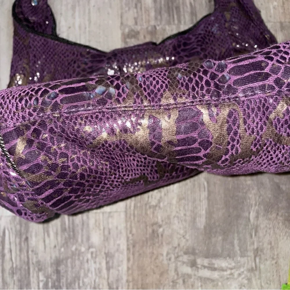 MARK bag by Avon snakeskin purple metallic pattern twisted short drop handle EUC